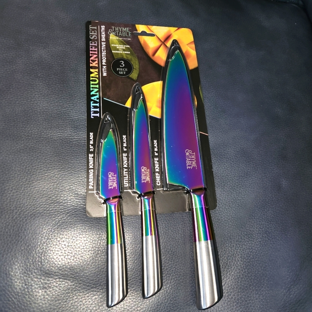 Thyme & Table * 3 Pc * Knives With Sheaths*Titanium Coated Steel